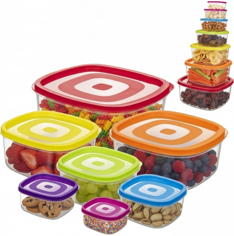 لوكاداه مجموعة من 7 قطع - مجموعة حاويات تخزين الطعام مع أغطية، حاويات بلاستيكية محكمة الإغلاق وخالية من مادة BPA لتنظيم مخزن المطبخ، علب تحضير وجبات الطعام وعلب الغداء قابلة للتكديس ومقاومة للتسرب، حاويات طعام قابلة لإعادة الاستخدام وآمنة للاستخدام في الميكروويف والفريزر وغسالة الصحون، أغطية مرمزة بالألوان، أحجام متعددة للفواكه والوجبات الخفيفة وبقايا الطعام والأطعمة الجافة (ألوان قوس قزح) - Image 1